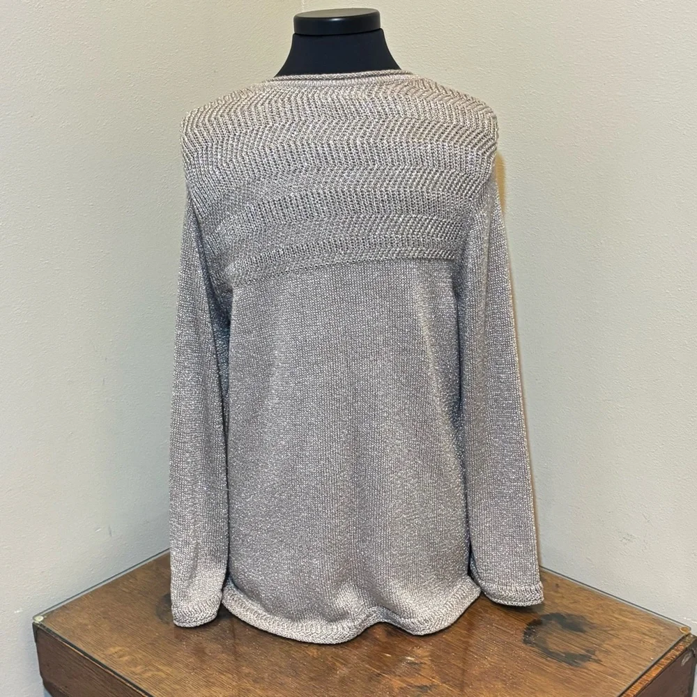 Democracy Gold Metallic Knit V-Neck Sweater, Large
